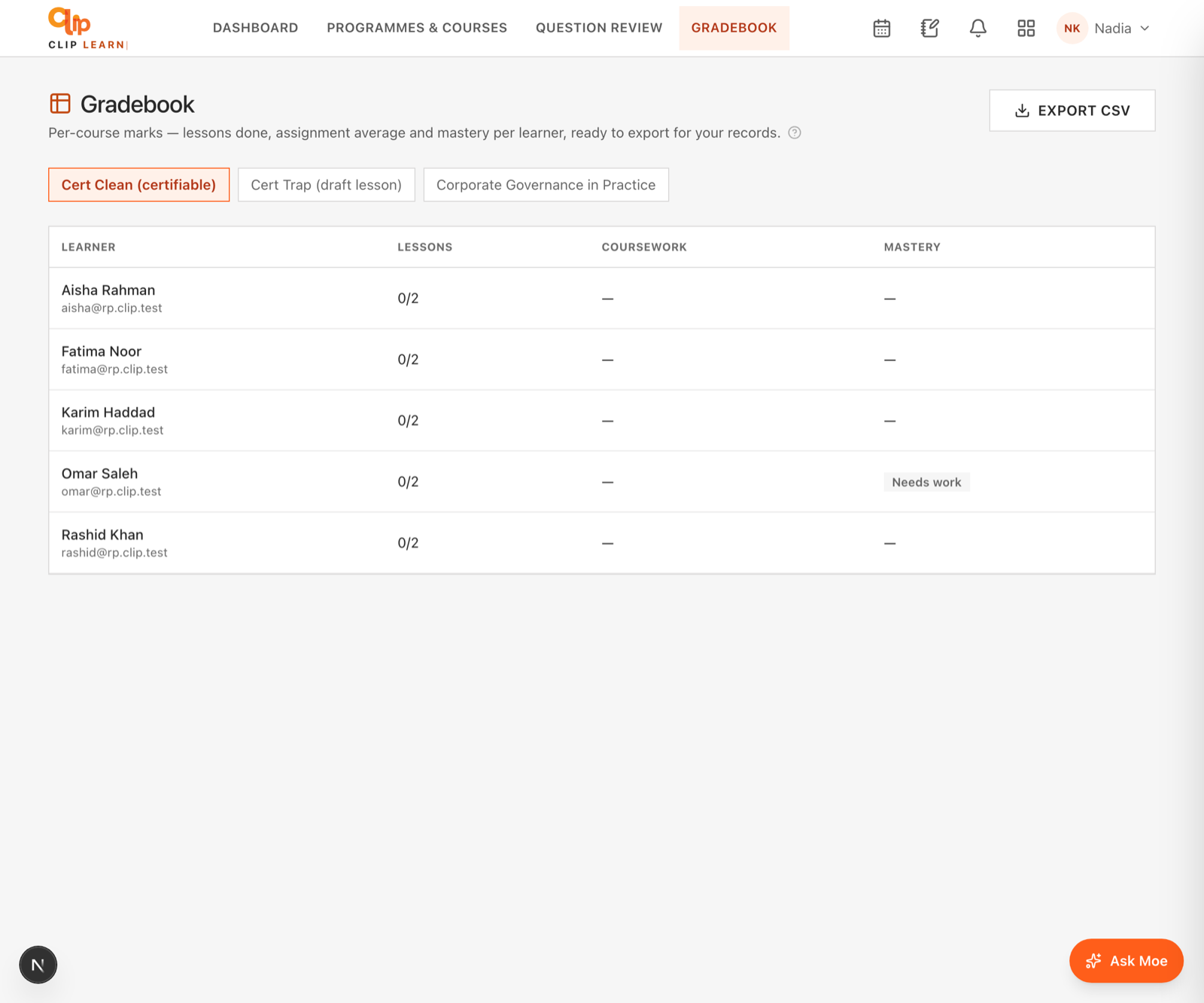 The trainer gradebook