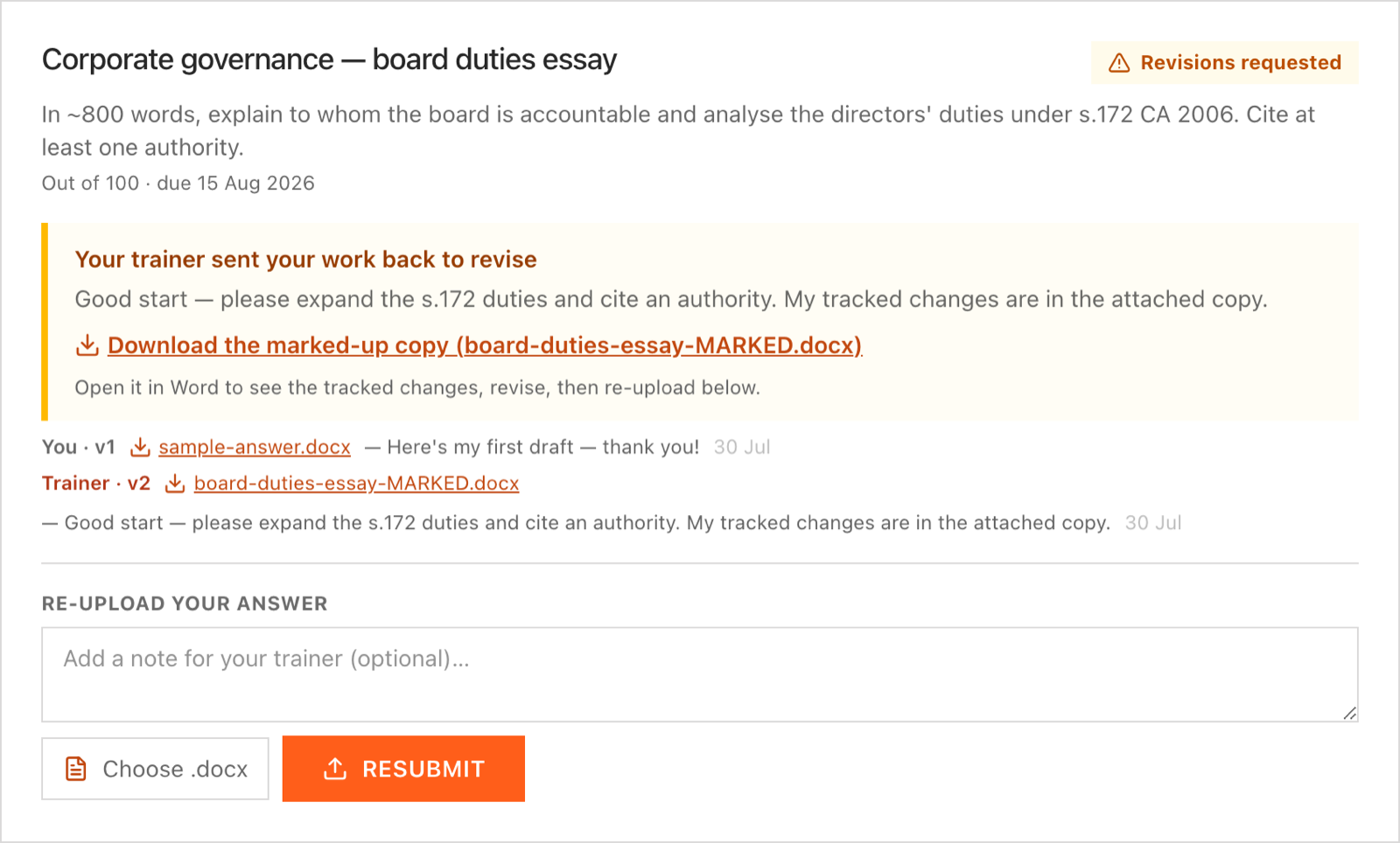 An assignment returned for revision