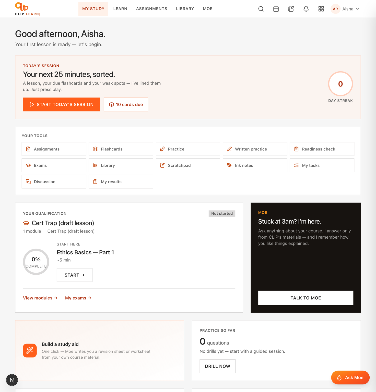 The CLIP Learn learner dashboard